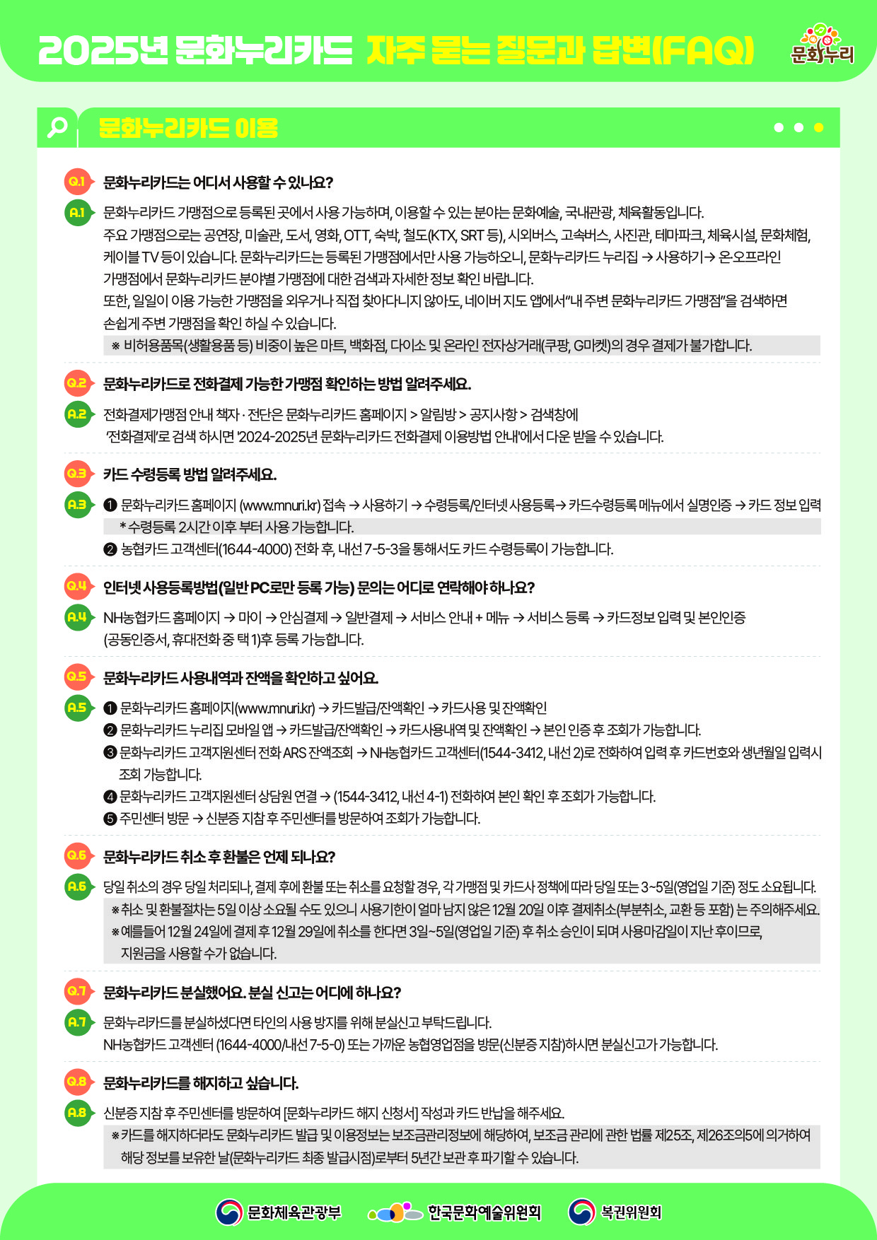  2025년 문화누리카드 자주 묻는 질문과 답변(FAQ)  문화누리카드 이용   Q.1문화누리카드는어디서사용할수있나요?  A.1 문화누리카드가맹점으로등록된곳에서사용가능하며,이용할수있는분야는문화예술,국내관광,체육활동입니다. 주요가맹점으로는공연장,미술관,도서,영화,OTT,숙박,철도(KTX,SRT등),시외버스,고속버스,사진관,테마파크,체육시설,문화체험, 케이블TV등이있습니다.문화누리카드는등록된가맹점에서만사용가능하오니,문화누리카드누리집→사용하기→온·오프라인 가맹점에서문화누리카드분야별가맹점에대한검색과자세한정보확인바랍니다. 또한,일일이이용가능한가맹점을외우거나직접찾아다니지않아도,네이버지도앱에서“내주변문화누리카드가맹점”을검색하면 손쉽게주변가맹점을확인하실수있습니다.   ※비허용품목(생활용품등)비중이높은마트,백화점,다이소및온라인전자상거래(쿠팡,G마켓)의경우결제가불가합니다.       Q.2 문화누리카드로전화결제가능한가맹점확인하는방법알려주세요.  A.2 전화결제가맹점안내책자·전단은문화누리카드홈페이지>알림방>공지사항>검색창에 ‘전화결제’로검색하시면'2024-2025년문화누리카드전화결제이용방법안내'에서다운받을수있습니다.  Q.3카드수령등록방법알려주세요.  A.3        ？1  문화누리카드홈페이지(www.mnuri.kr)접속→사용하기→수령등록/인터넷사용등록→카드수령등록메뉴에서실명인증→카드정보입력 *수령등록2시간이후부터사용가능합니다.                          ？2농협카드고객센터(1644-4000)전화후,내선7-5-3을통해서도카드수령등록이가능합니다.   Q.4 인터넷사용등록방법(일반PC로만등록가능)문의는어디로연락해야하나요?  A.4 NH농협카드홈페이지→마이→안심결제→일반결제→서비스안내+메뉴→서비스등록→카드정보입력및본인인증 (공동인증서,휴대전화중택1)후등록가능합니다.  Q.5문화누리카드사용내역과잔액을확인하고싶어요.  A.5 ？1 문화누리카드홈페이지(www.mnuri.kr)→카드발급/잔액확인→카드사용및잔액확인 ？2문화누리카드누리집모바일앱→카드발급/잔액확인→카드사용내역및잔액확인→본인인증후조회가가능합니다. ？3문화누리카드고객지원센터전화ARS잔액조회→NH농협카드고객센터(1544-3412,내선2)로전화하여입력후카드번호와생년월일입력시 조회가능합니다. ？4문화누리카드고객지원센터상담원연결→(1544-3412,내선4-1)전화하여본인확인후조회가가능합니다. ？5주민센터방문→신분증지참후주민센터를방문하여조회가가능합니다.   Q.6문화누리카드취소후환불은언제되나요?  A.6 당일취소의경우당일처리되나,결제후에환불또는취소를요청할경우,각가맹점및카드사정책에따라당일또는3~5일(영업일기준)정도소요됩니다. ※취소및환불절차는5일이상소요될수도있으니사용기한이얼마남지않은12월20일이후결제취소(부분취소,교환등포함)는주의해주세요. ※예를들어12월24일에결제후12월29일에취소를한다면3일~5일(영업일기준)후취소승인이되며사용마감일이지난후이므로, 지원금을사용할수가없습니다.   Q.7문화누리카드분실했어요.분실신고는어디에하나요?  A.7 문화누리카드를분실하셨다면타인의사용방지를위해분실신고부탁드립니다. NH농협카드고객센터(1644-4000/내선7-5-0)또는가까운농협영업점을방문(신분증지참)하시면분실신고가가능합니다.   Q.8문화누리카드를해지하고싶습니다.  A.8 신분증지참후주민센터를방문하여[문화누리카드해지신청서]작성과카드반납을해주세요. ※카드를해지하더라도문화누리카드발급및이용정보는보조금관리정보에해당하여,보조금관리에관한법률제25조,제26조의5에의거하여 해당정보를보유한날(문화누리카드최종발급시점)로부터5년간보관후파기할수있습니다.